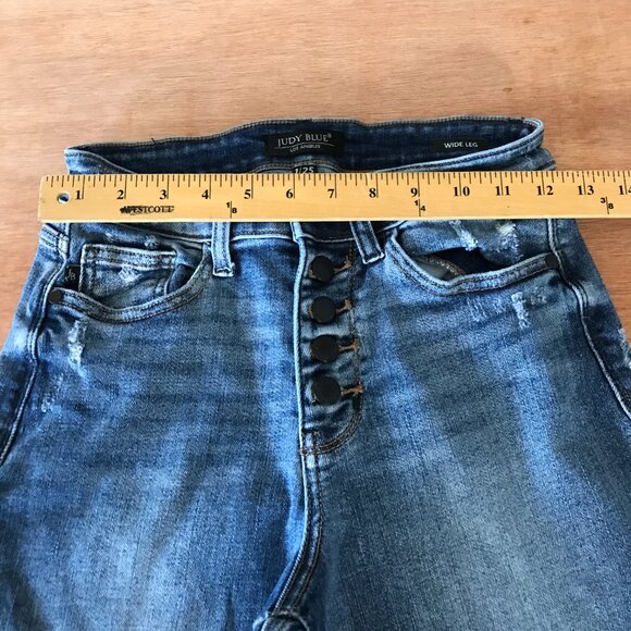 Judy Blue Wide Leg Jean Women 1/25 Blue Button Fly Distressed Mid Rise Stretch - Picture 9 of 14